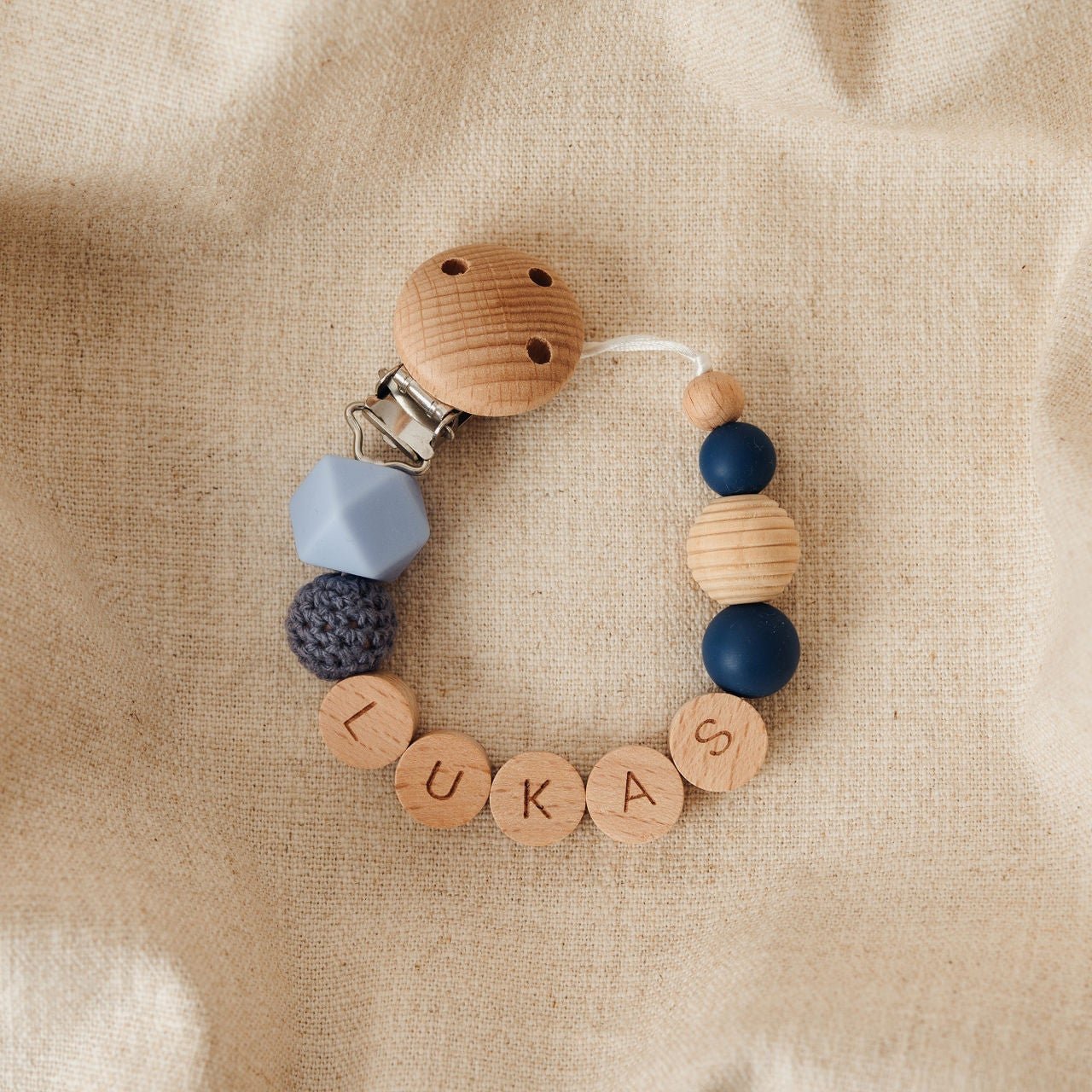 Schnullerkette personalisiert mit Namen rund – blau