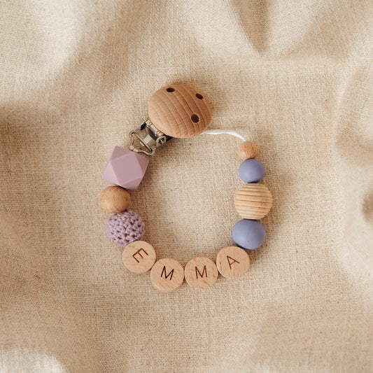 Schnullerkette personalisiert mit Namen rund – lila