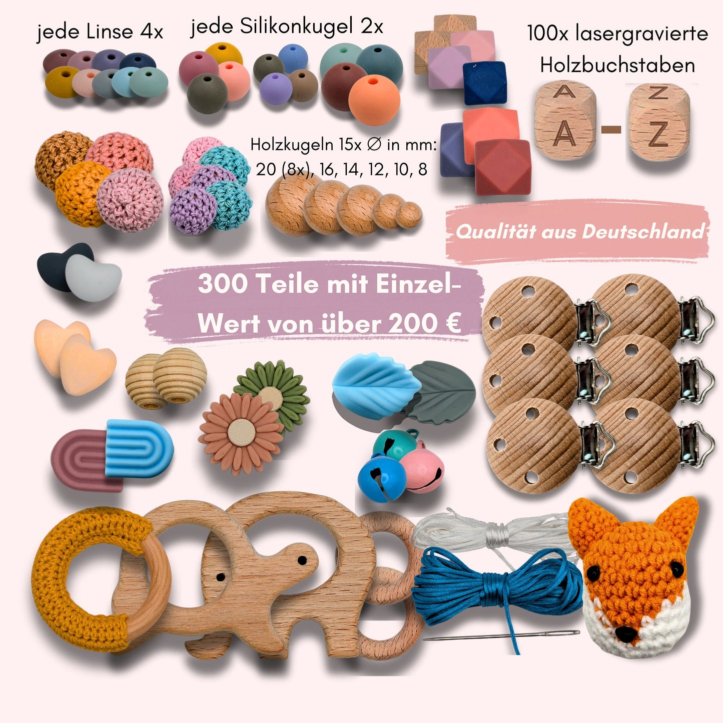 Schnullerketten Bastelset XXL (300 Teile) für personalisierte Schnullerketten, Kinderwagenketten, Greiflinge, Rasseln inkl. Videoanleitung