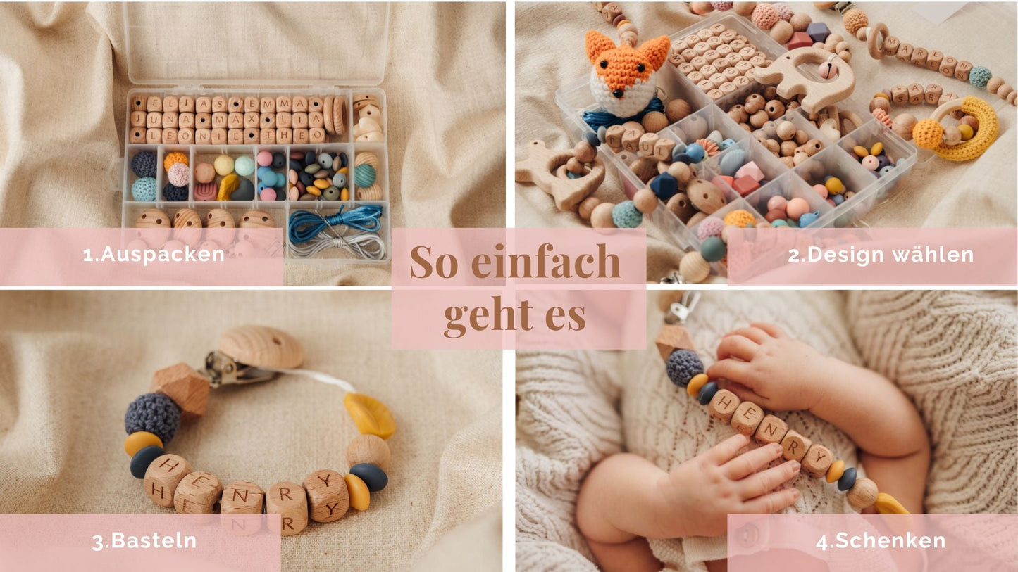 Schnullerketten Bastelset XXL (300 Teile) für personalisierte Schnullerketten, Kinderwagenketten, Greiflinge, Rasseln inkl. Videoanleitung