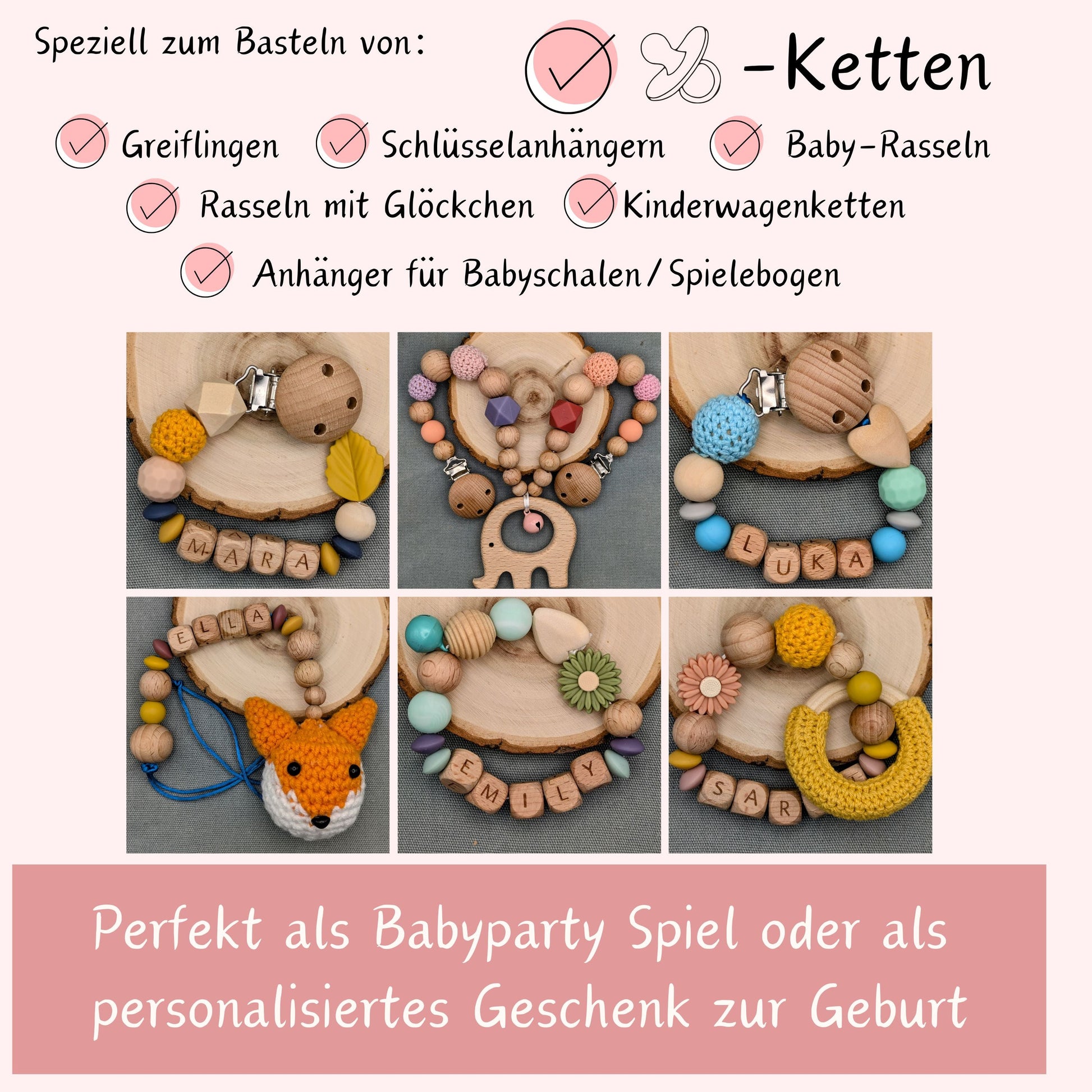 Schnullerketten Bastelset XXL (300 Teile) für personalisierte Schnullerketten, Kinderwagenketten, Greiflinge, Rasseln inkl. Videoanleitung