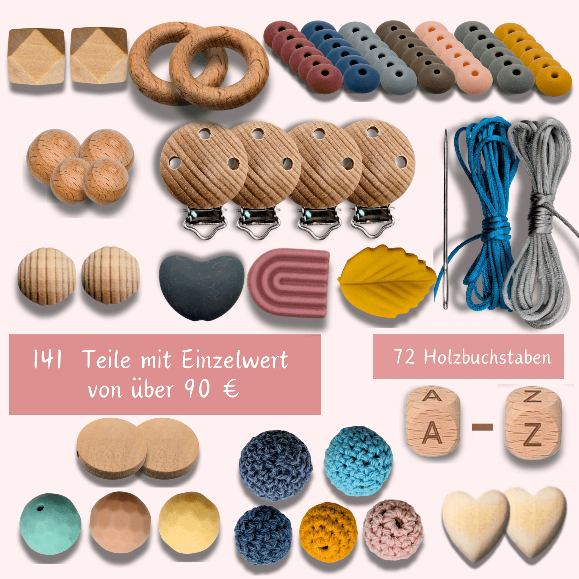 Storchenkind® Schnullerketten Bastelset für personalisierte Schnullerketten. 141 Teile inkl. Videoanleitung zum Schnullerketten selber machen