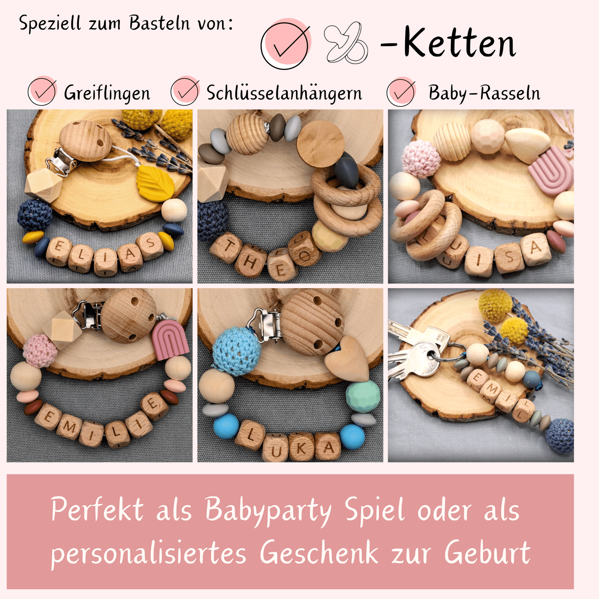 Storchenkind® Schnullerketten Bastelset für personalisierte Schnullerketten. 141 Teile inkl. Videoanleitung zum Schnullerketten selber machen