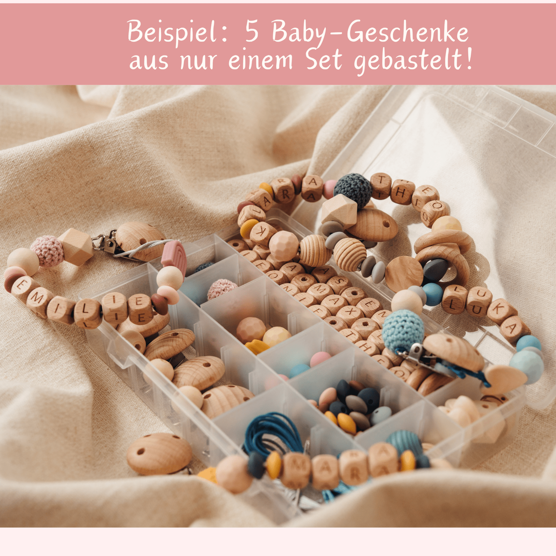 Storchenkind® Schnullerketten Bastelset für personalisierte Schnullerketten. 141 Teile inkl. Videoanleitung zum Schnullerketten selber machen