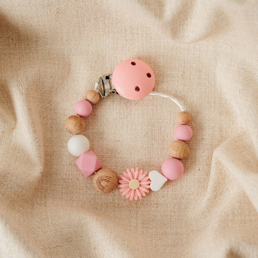 Handgemachte Schnullerkette ohne Namen – rosa Blume