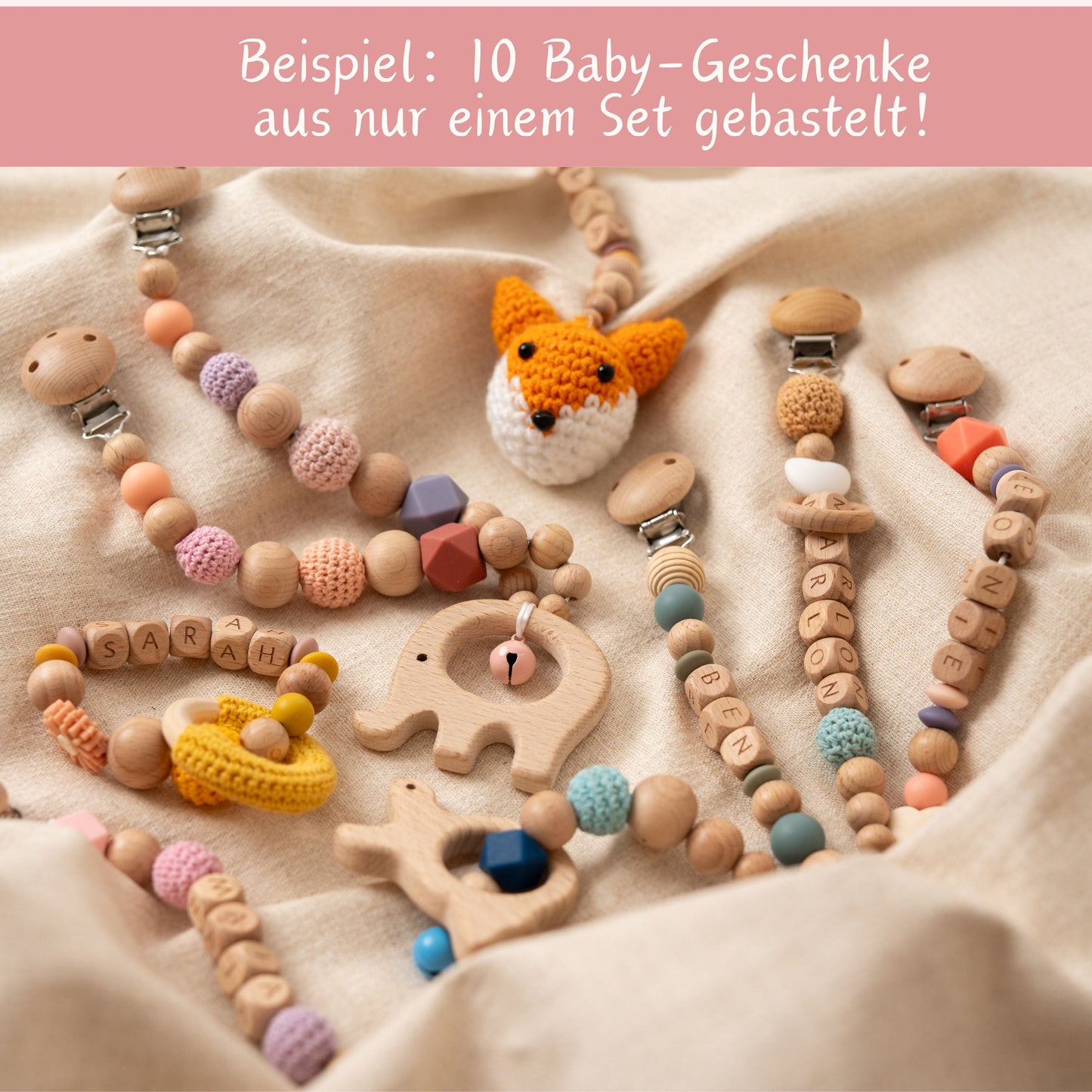 Schnullerketten Bastelset XXL (300 Teile) für personalisierte Schnullerketten, Kinderwagenketten, Greiflinge, Rasseln inkl. Videoanleitung