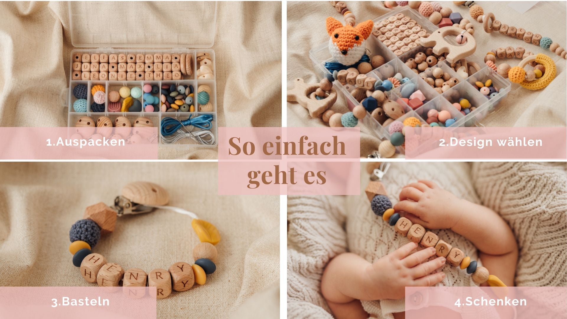 Schnullerketten Bastelset XXL (300 Teile) für personalisierte Schnullerketten, Kinderwagenketten, Greiflinge, Rasseln inkl. Videoanleitung